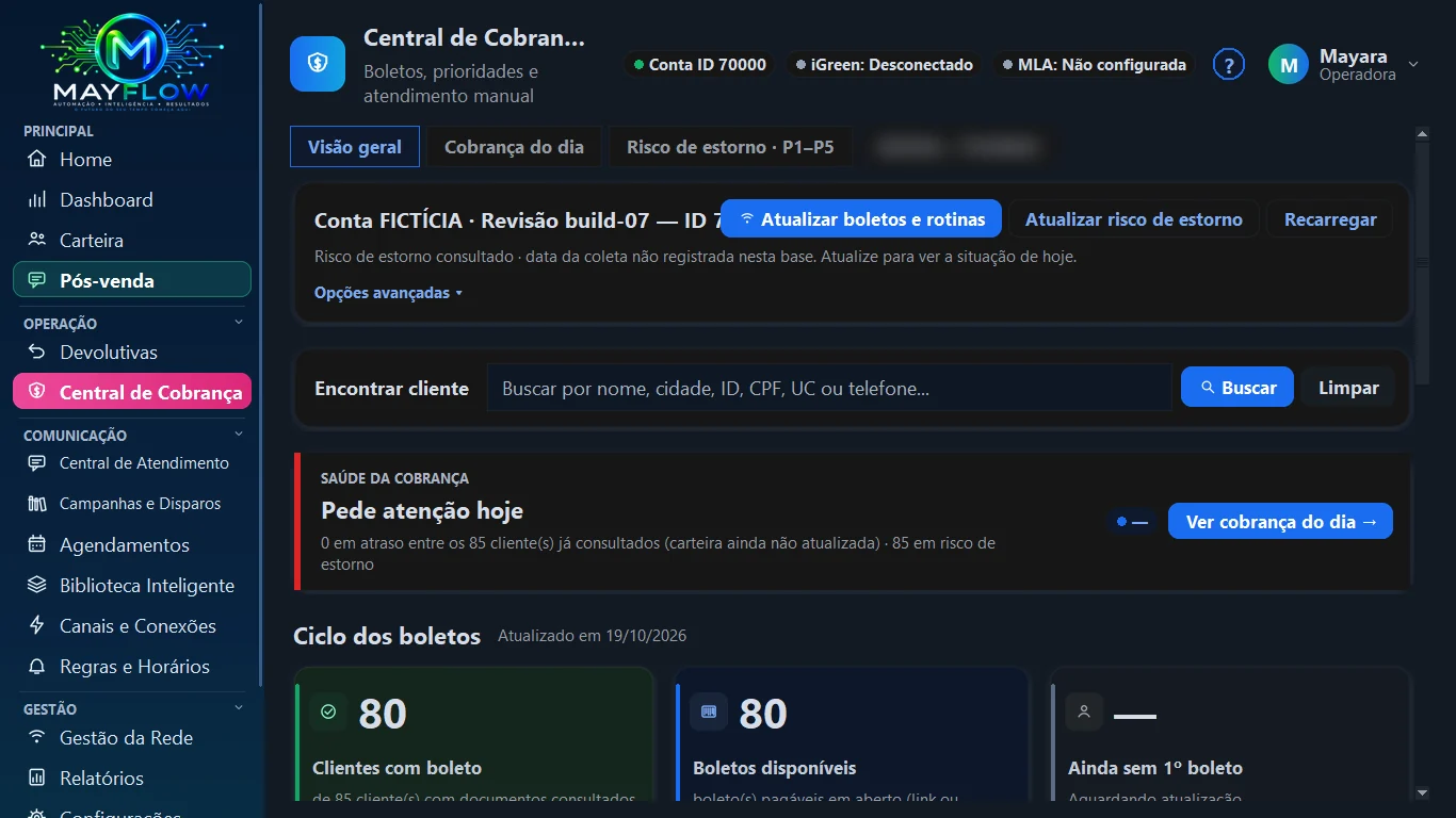 Tela real do MayFlow: Central de Cobrança (tema escuro, conta de demonstração)