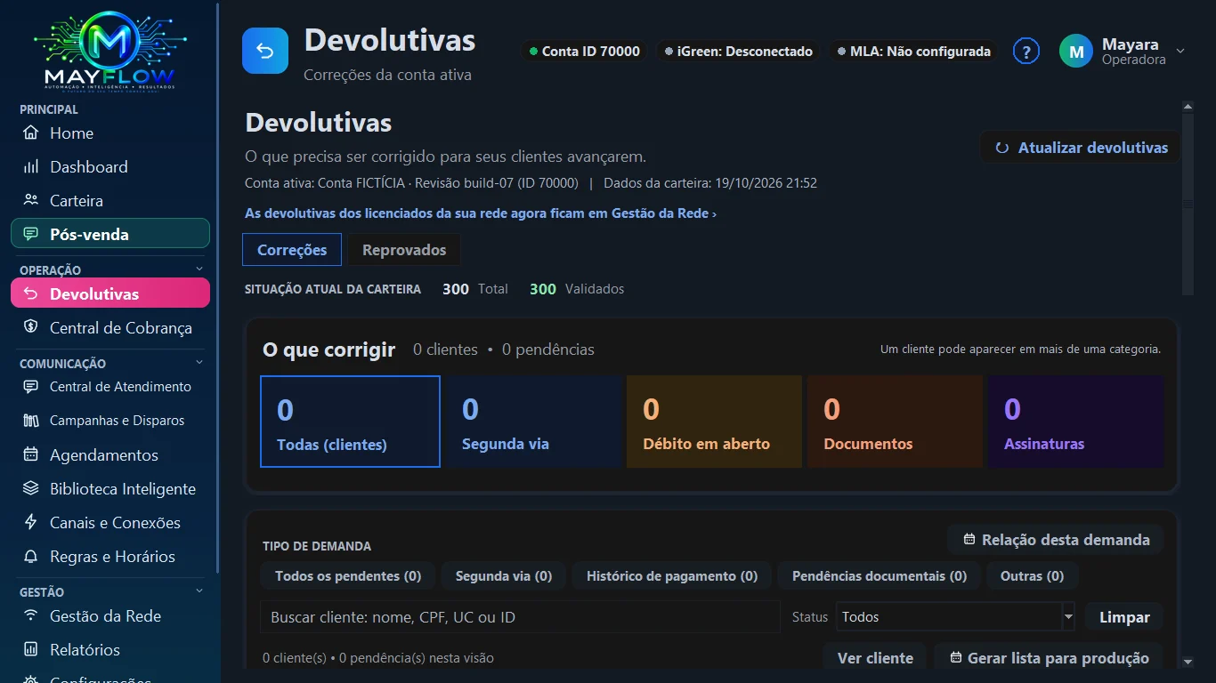 Tela real do MayFlow: Devolutivas (tema escuro, conta de demonstração)
